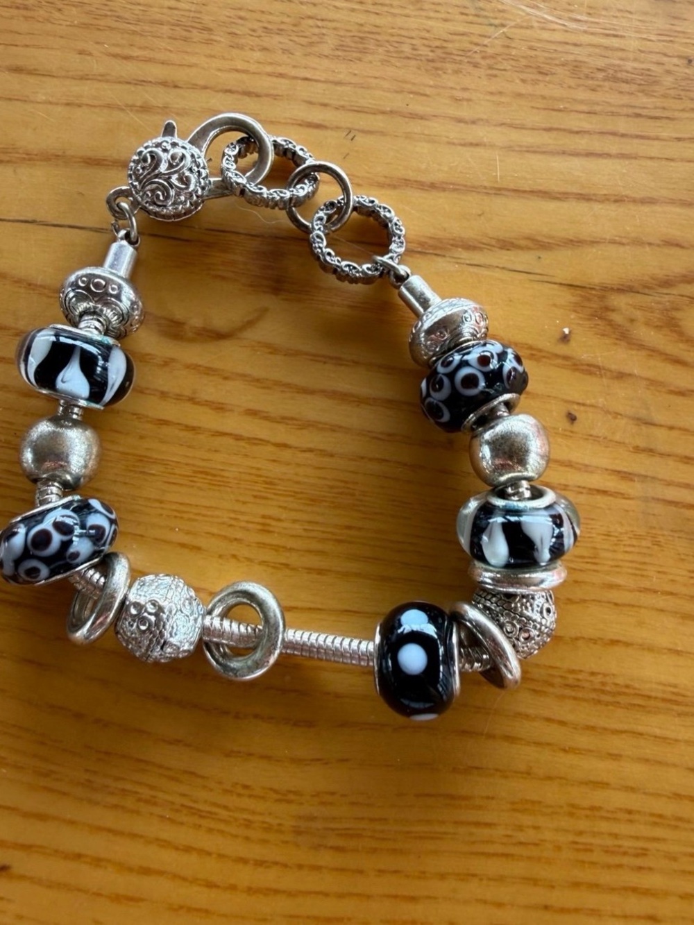 Silver Tone Bracelet with Black & White Glass Beads